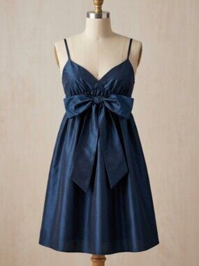 Studio M - Blue Silk Babydoll Dress with Bow Empire Waist - Size Large Petite
